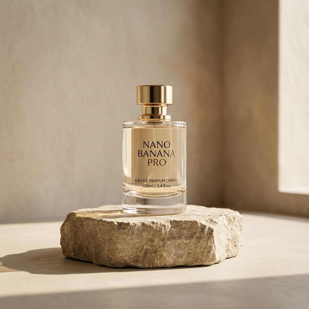 Perfume bottle product launch image on a warm studio background