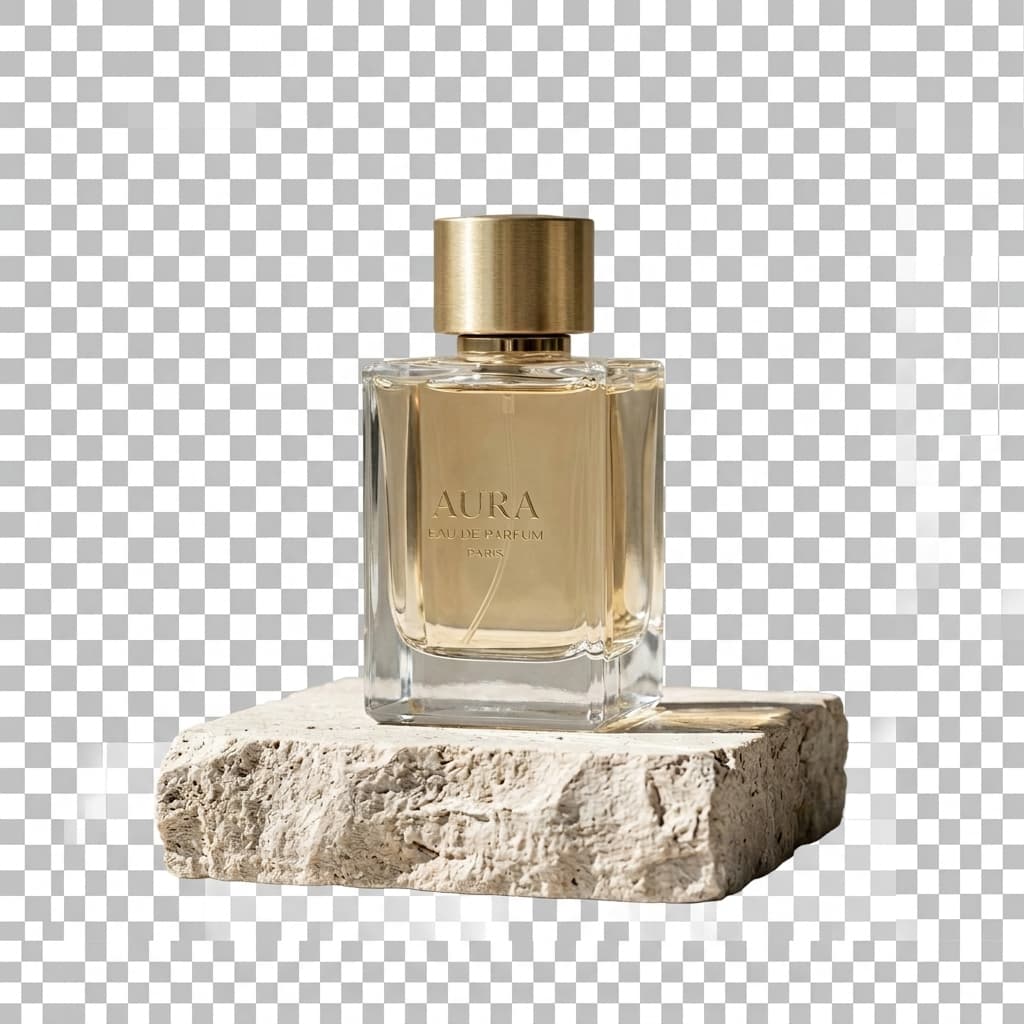 Perfume bottle cutout preview on a transparent-style background