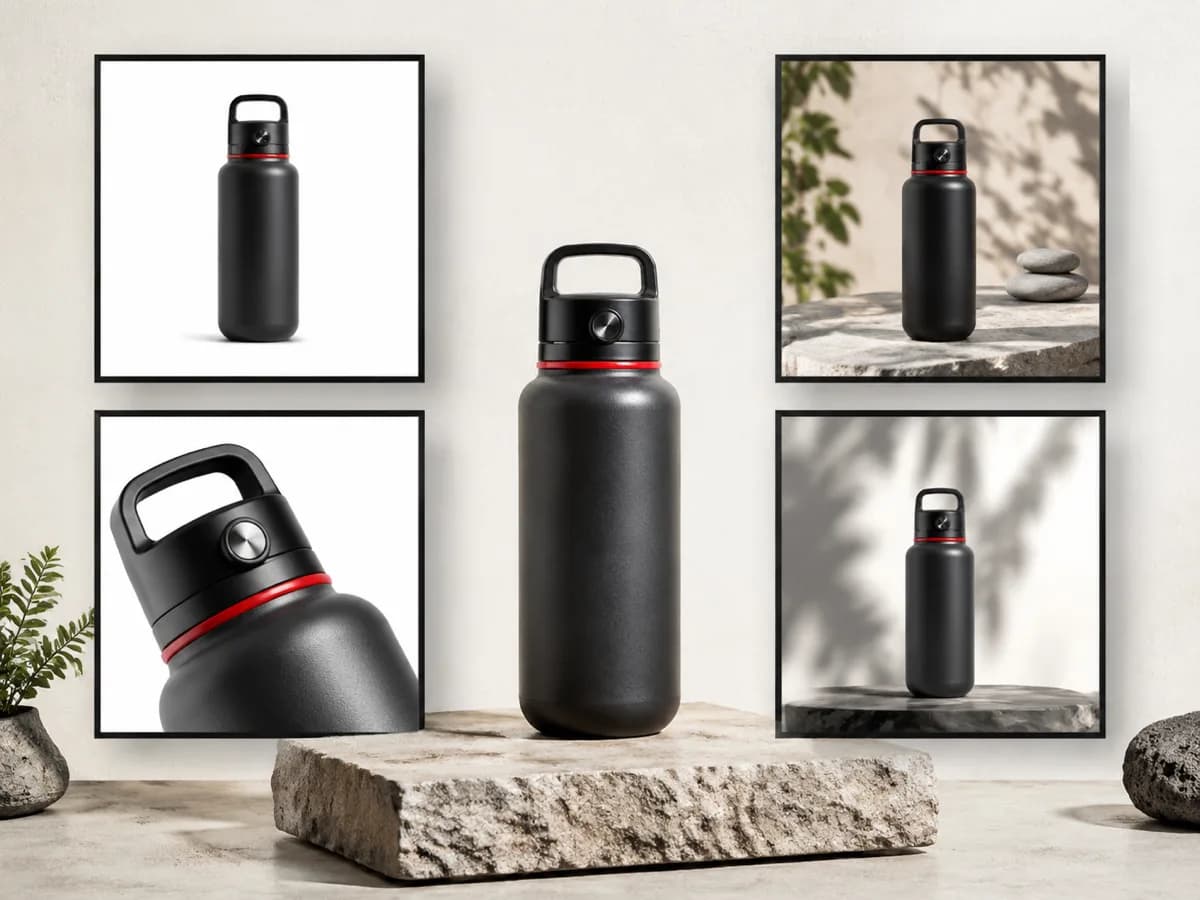 Water bottle product photo workflow with white-background examples