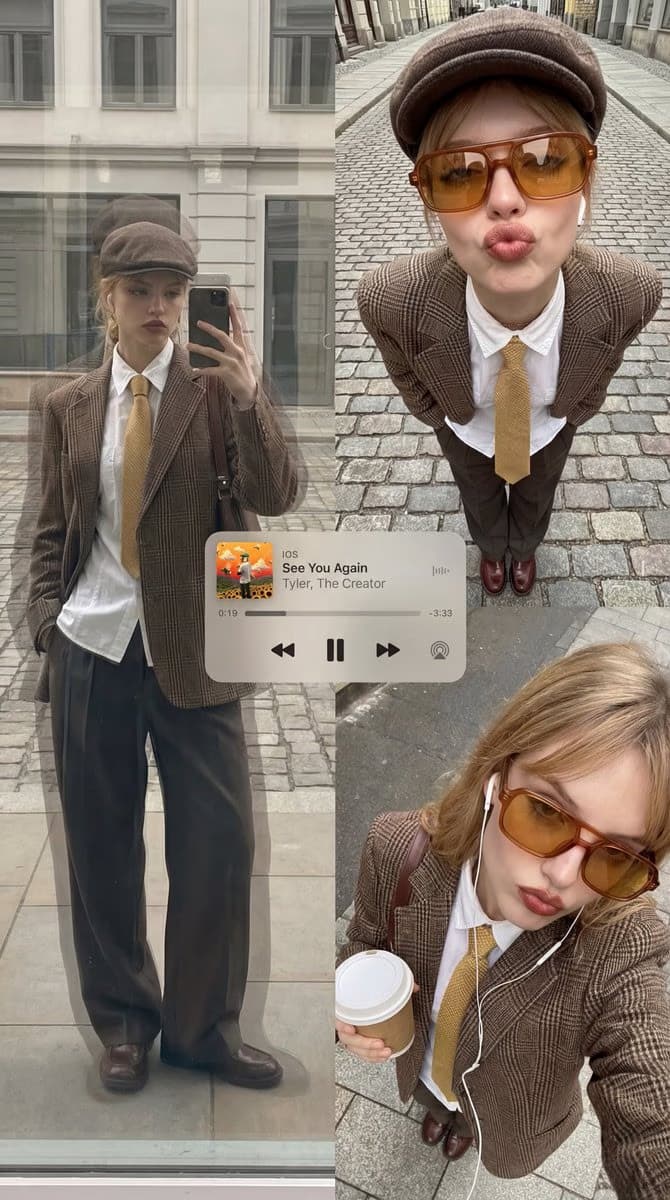 17.22. Vintage Inspired Street Plaid Blazer Tie Outfit